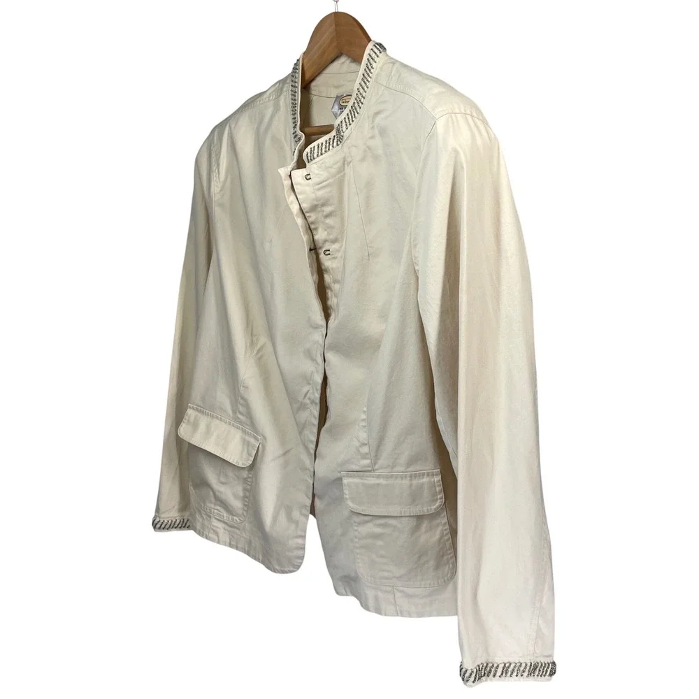 Talbots Woman Cream Stretch Beaded Accent Jacket Plus Size 24W Hook & Eye Front